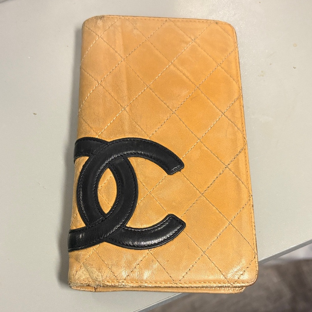 CHANEL Camel calf skin Quilted Wallet with Black Logo